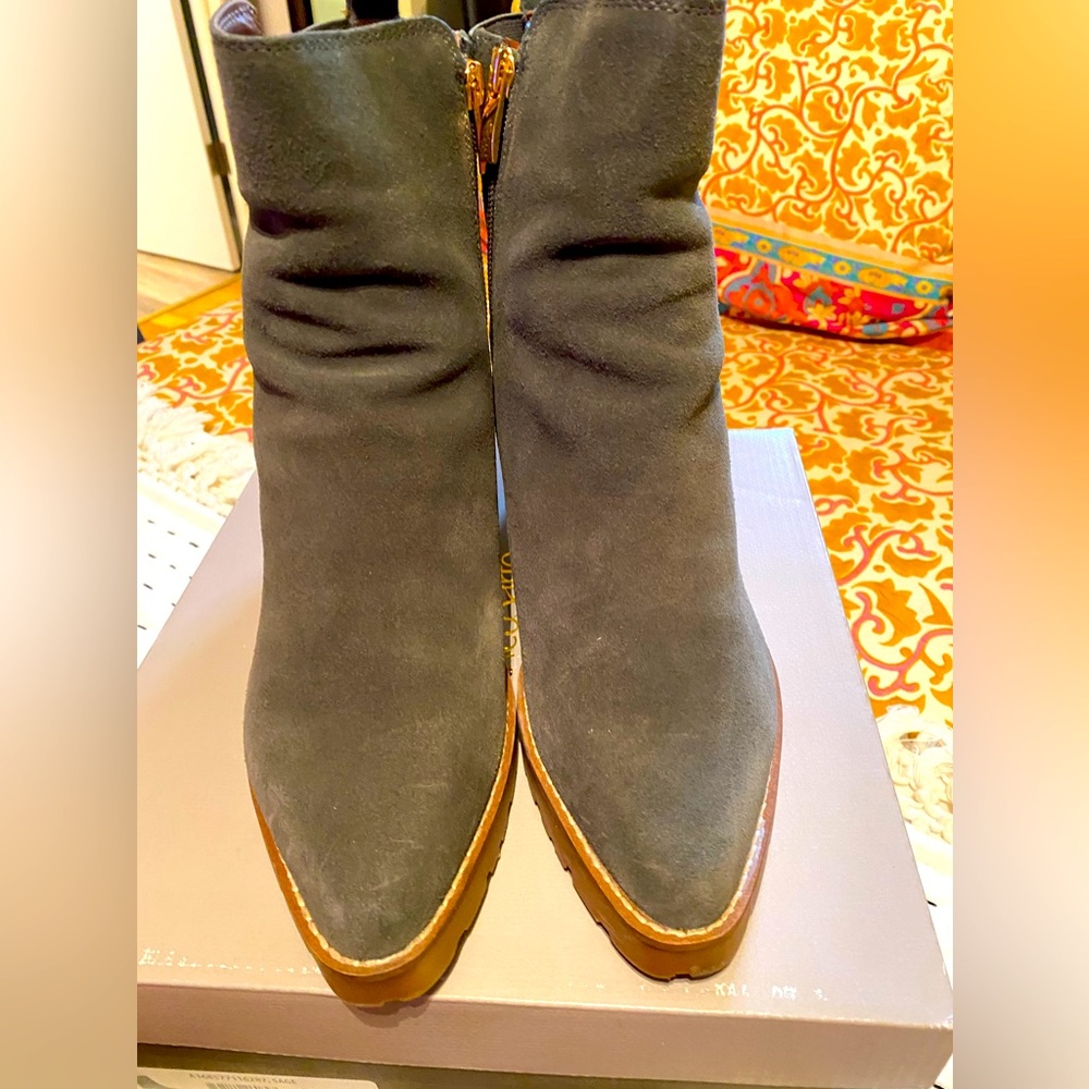 Lug sole stacked heel suede ankle boots
